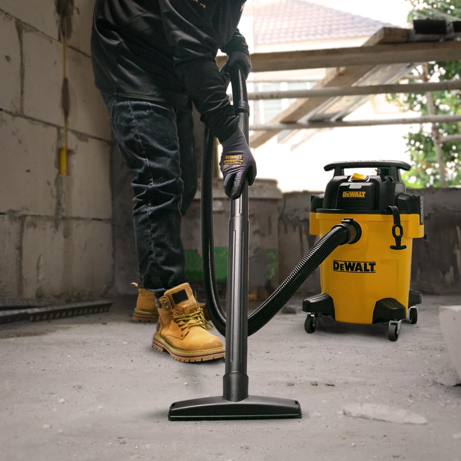 DEWALT Shop Vacuum 6 Gallon 4HP Poly Wet Dry Vacuum Ultimate Cleaning Solution for Construction Workshop Environments for Jobsite Garage Home W/Inflation Ket, Yellow, DXV06PL