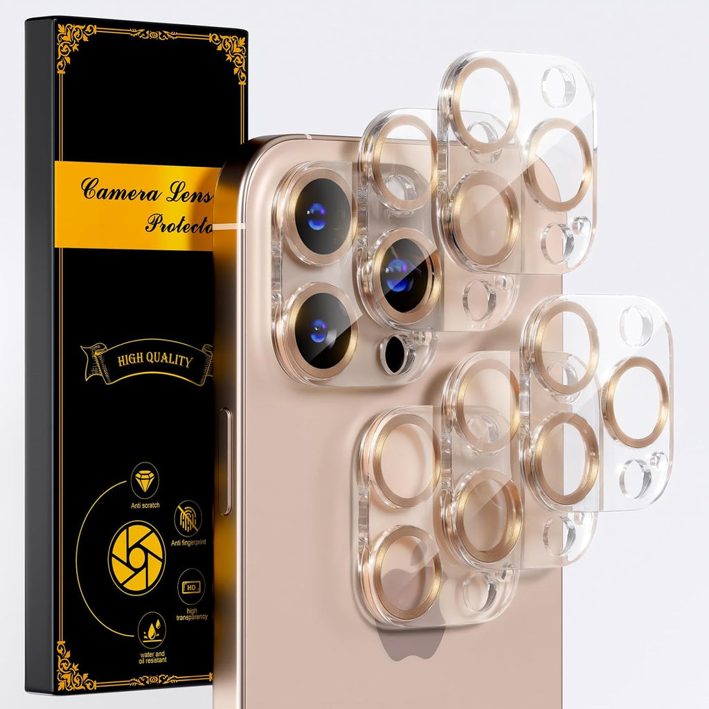 beuxece for 6 Pack iPhone 15 Pro/iPhone 15 Pro Max Camera Lens Protector [Drop Protection] [Case Friendly] [Easy Installation] 9H Tempered Glass Camera Screen Protector Cover, CD Gold