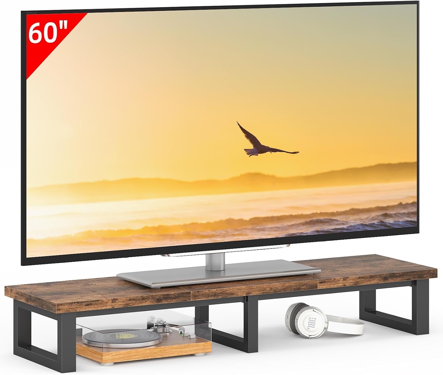 YAOHUOO 45" Large TV Riser for 32-60 inch TV, TV Riser Stand Shelf with Steel Legs,Tabletop TV Stand Riser for Home Office,Rustic Brown