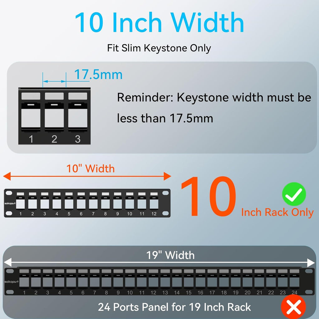 12 Port Mini Blank Keystone Patch Panel with Snap-in Design, Cat6 Network Patch Panel 1U 10 inch, Rack Mount Ethernet Patch Panel (for Slim Keystone Only)