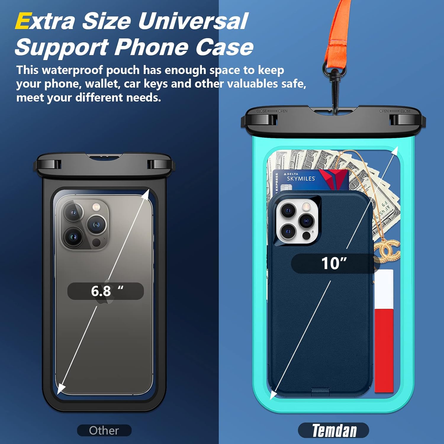Temdan 2 Pcs Waterproof Phone Pouch, [Up to 10" Large] Universal IPX8 Waterproof Cell Phone Case Dry Bag with Lanyard for iPhone 16 Pro Max/16E/15/14/13,Galaxy S25 Ultra/S24/S23 for Vacation -Green