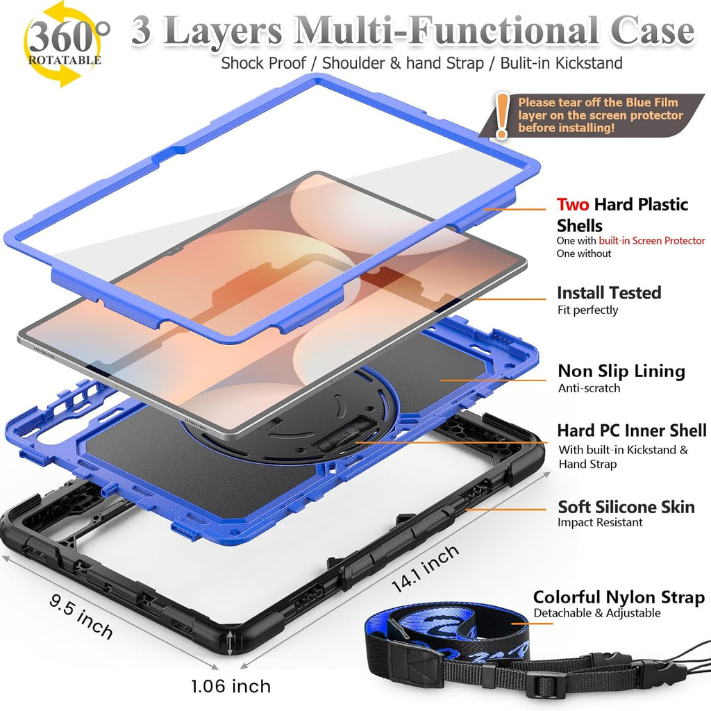 SEYMAC stock Case for Samsung Galaxy Tab S10 Ultra / S9 Ultra Tablet Case 14.6'' with Screen Protector, Pencil Holder, 360 Rotate Stand, Hand Strap, Shoulder Strap, Blue1