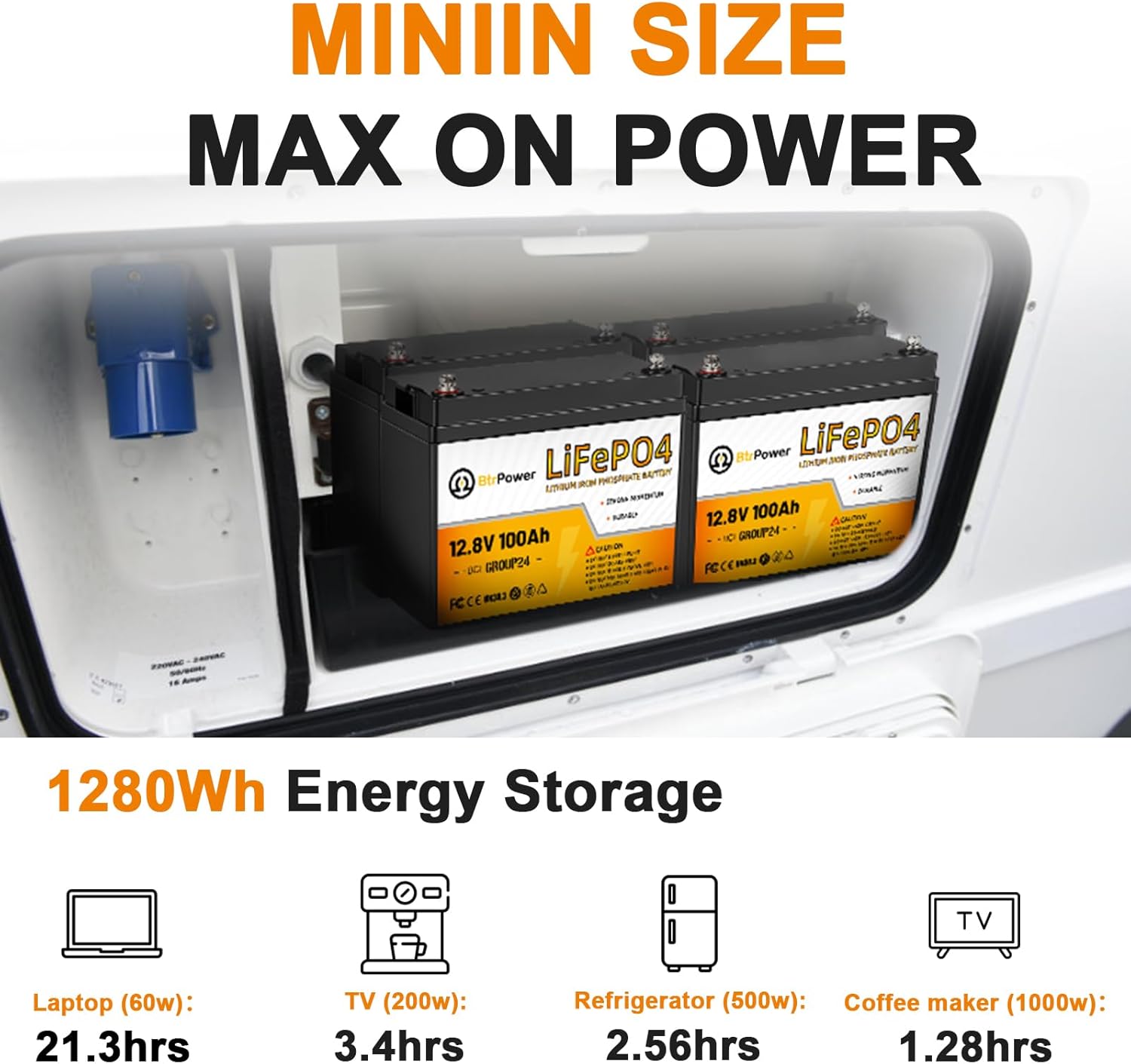 BtrPower 12V 100Ah Mini LiFePO4 Battery with Small Size and Light Weight, Built-in 100A BMS and Grade A Cells, Up to 15000 Cycles & 10-Year Lifespan for RV, Solar, Trolling Motor & Camping.