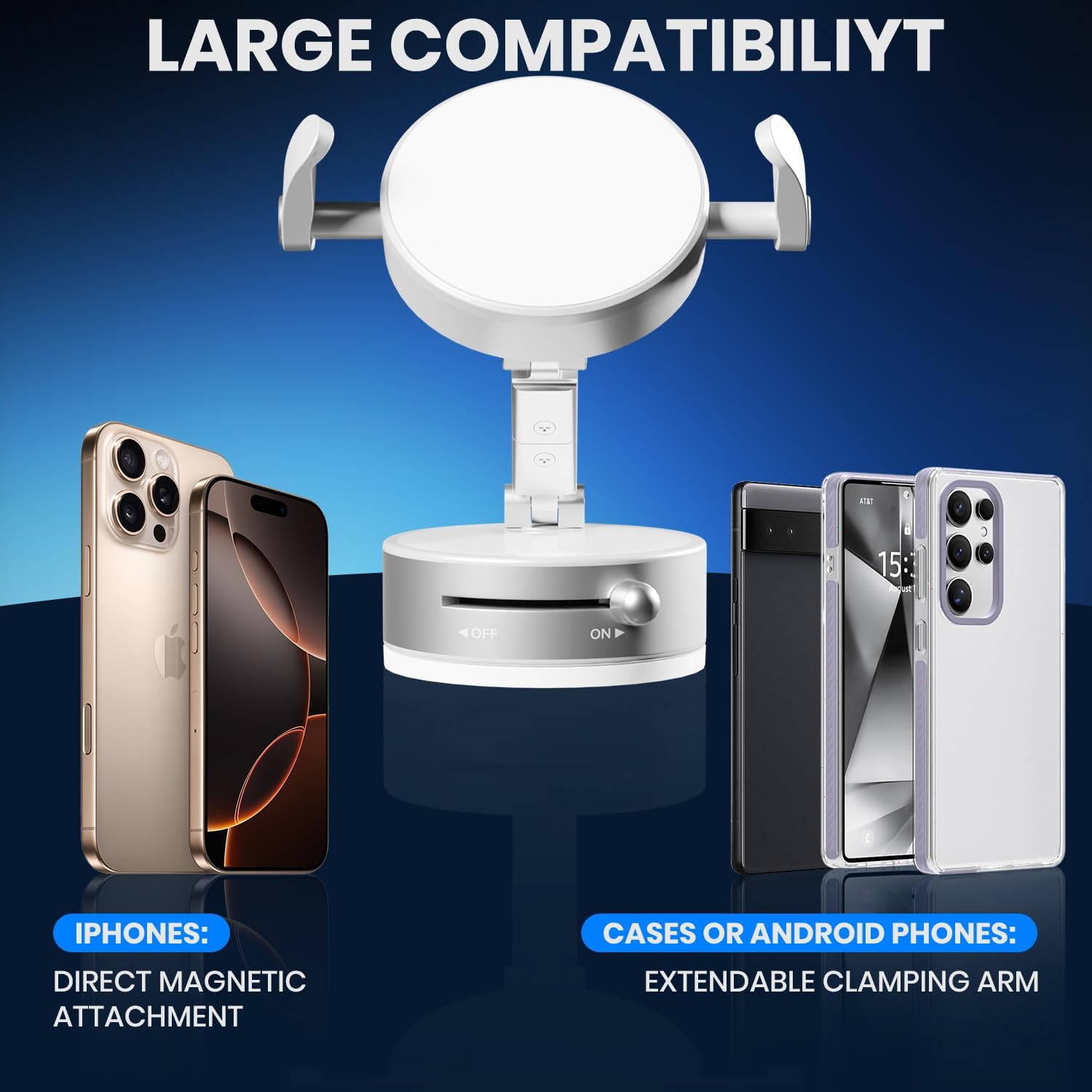 Upgraded 360° Adjustable Vacuum Magnetic Phone Holder, Vacuum Magnetic Suction Phone Mount with Clamp Foldable Phone Holder for Car/Gym/Mirror/Smooth Surface, Suitable with All Smartphones (White)