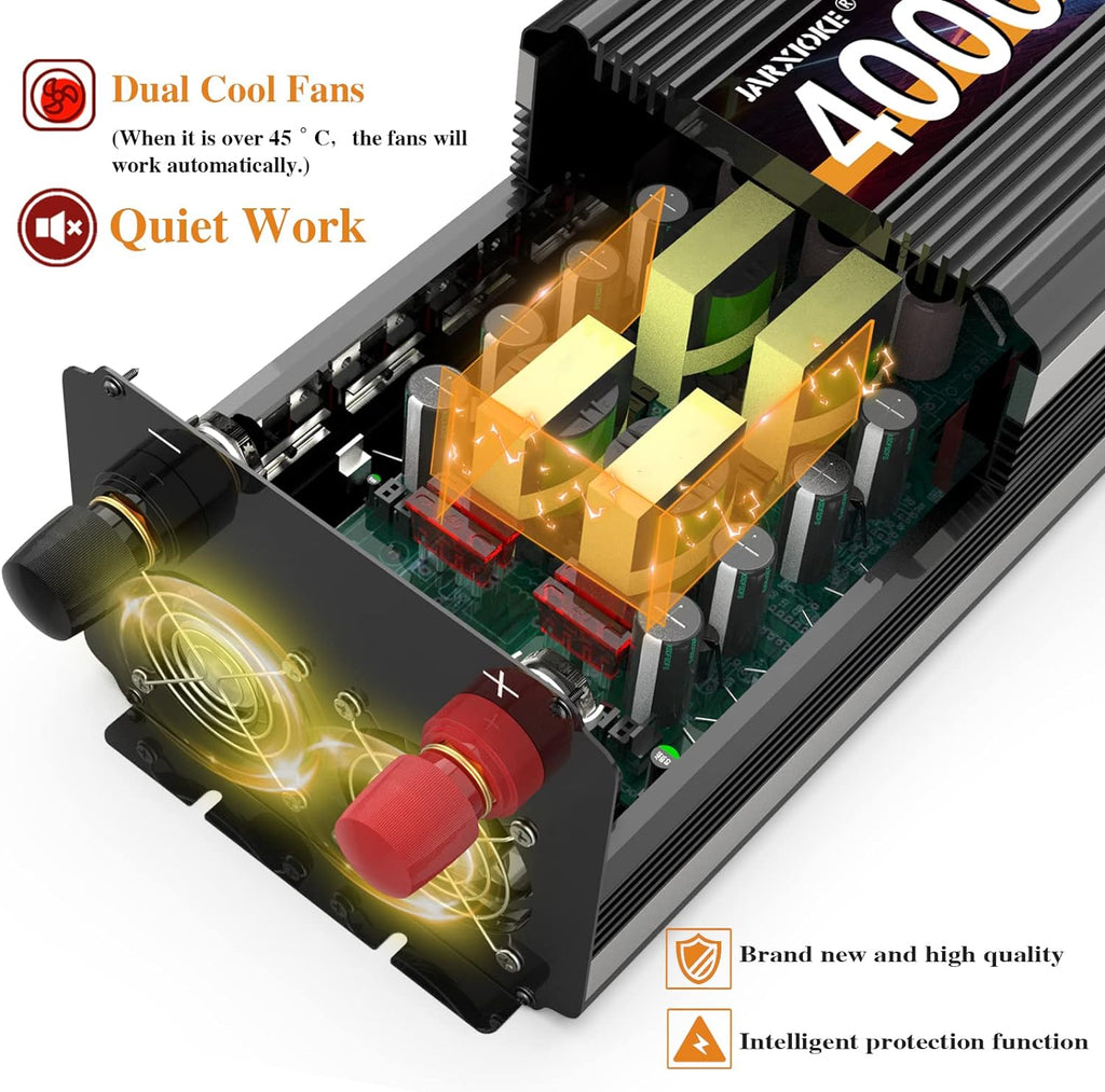 4000 Watt Power Inverter 12V DC to 110V 120V Converter for Family RV Off Grid Solar System Car with Type-C Ports 3 AC Power Outlets Dual USB Ports LCD Display Wireless Remote Control