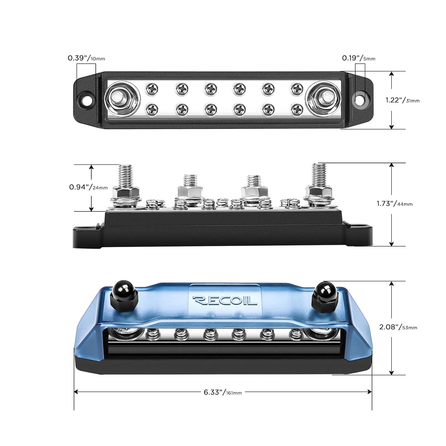 Recoil BB212P Power Distribution Block 12V 150A Dual 5/16” Studs Bus Bar Terminals Battery Busbar for Boat Automotive Solar Wiring