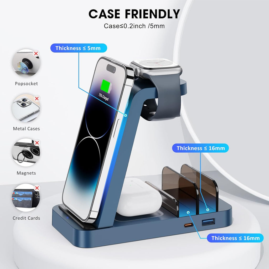 Wireless Charger for iPhone - 5 in 1 Charging Station for Multiple Devices Apple: Fast Wireless Charging Stand Dock for iPhone 16e 16 15 14 13 12 Pro Max Apple Watch Airpods(Blue)