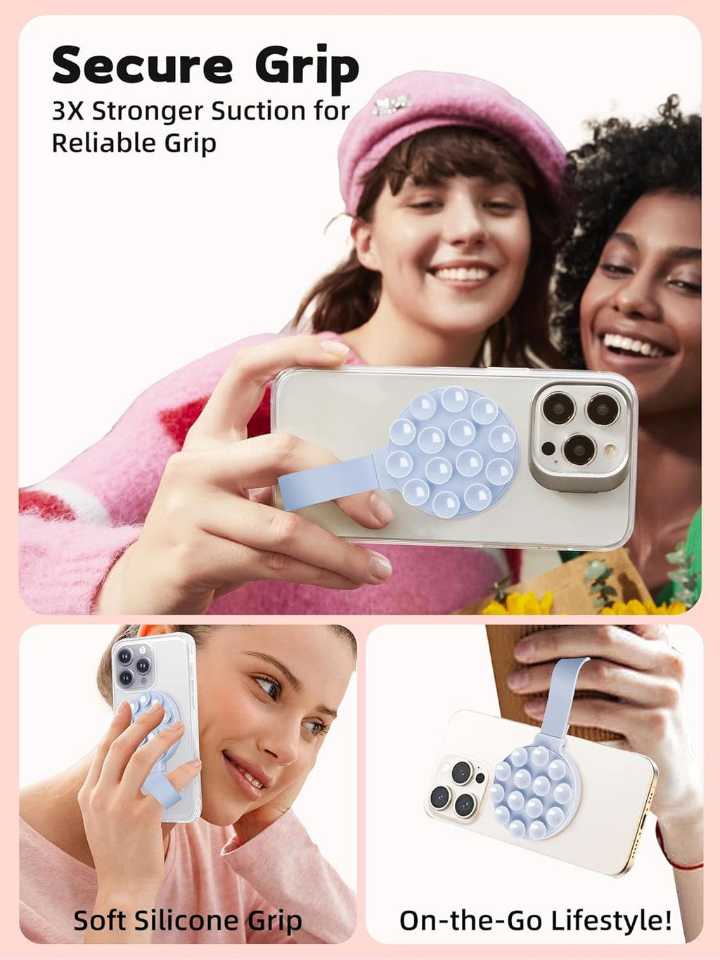Magnetic Suction Phone Case Mount, Silicone Suction Cup Grip Stand for MagSafe Case, Hands-Free Phone Holder for iPhone 16/15/14 Pro Max, TikTok Videos, Selfies, Women Gift (Light Pink)911001A (Blue)