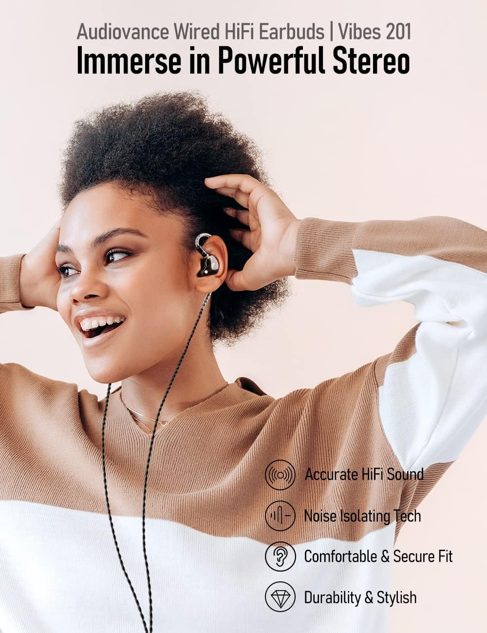 Vibes 201 Wired Earbuds in Ear Headphones, Noise Cancelling Bass Driven HiFi Earphones, Tangle-Free Braided Cord, Carry Case, Ear Buds Tips, 3.5mm Jack, Secure Fit (Clear Brown, No Mic)