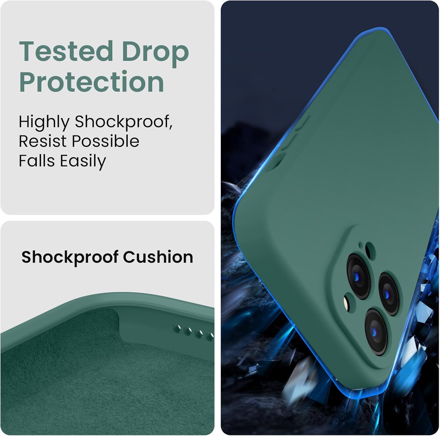 FireNova Designed for iPhone 13 Pro Case, Silicone Upgraded [Camera Protection] Phone Case with [2 Screen Protectors], Soft Anti-Scratch Microfiber Lining Inside, 6.1 inch, Midnight Green