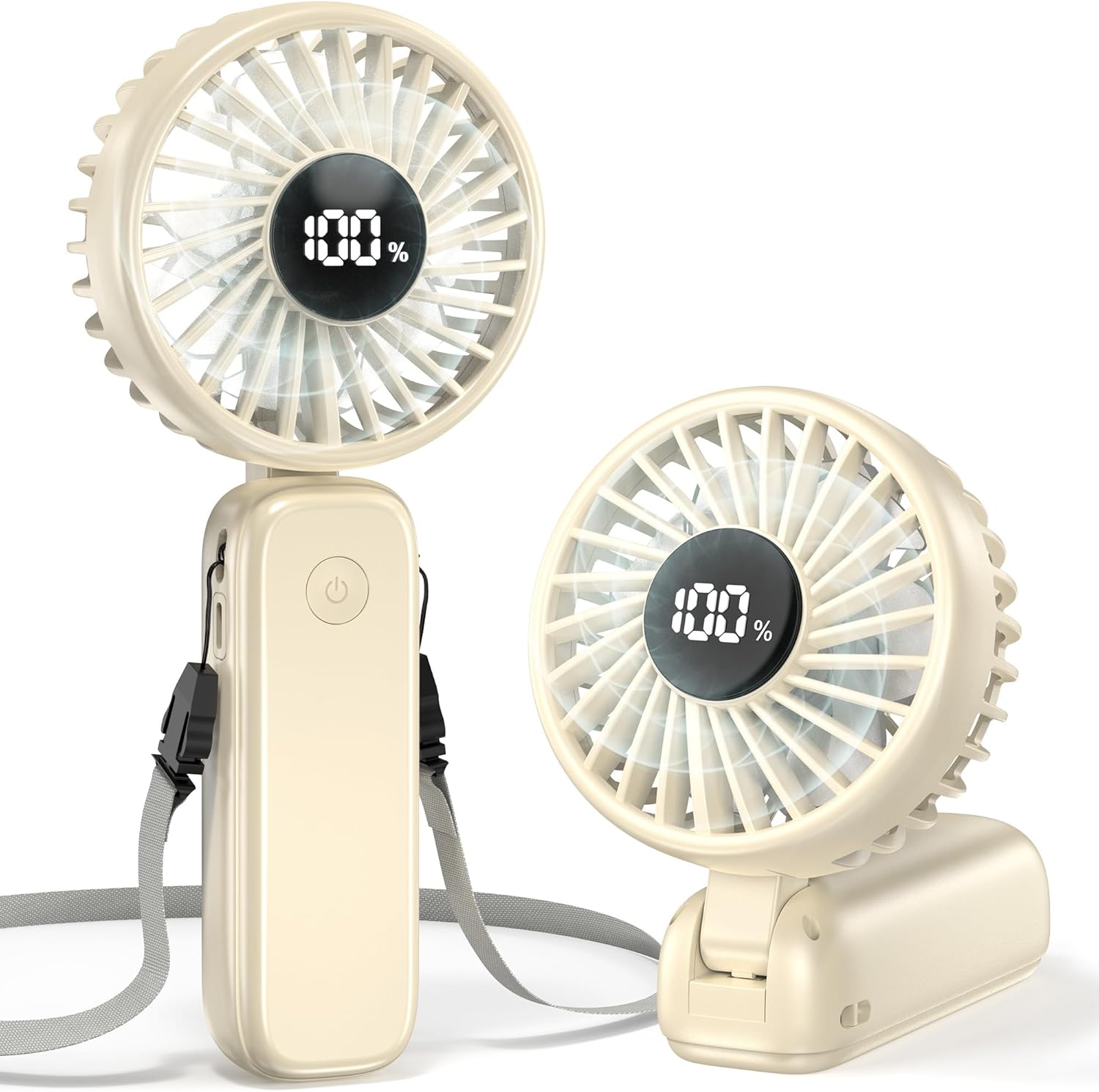 Portable Handheld Fan, 5000mAh Rechargeable Battery, Max 15H Cooling, 4 Speeds, LED Display, Foldable Design, 3-IN-1 Personal Pocket Fan with lanyard for Travel Outdoors Makeup Concert Commute