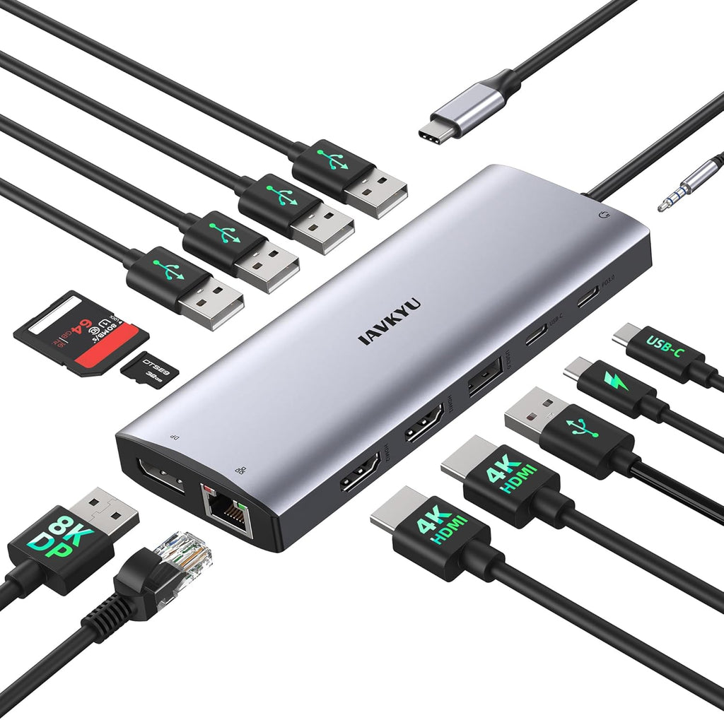 USB C Docking Station 3 Monitors 4K@60Hz, 14-in-1 Laptop Docking Station with 2 HDMI 4K@60Hz, DP 8K@30Hz/ 4K@144Hz, 3 USB 3.0, 2 USB 2.0, RJ45, Audio, PD 100W, USB-C HUB for Windows Laptop Accessories