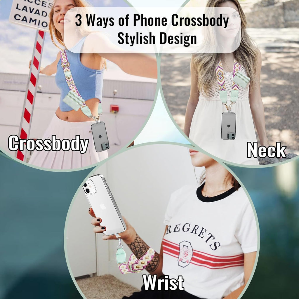 Clip and Go Strap for Phone with Wallet Crossbody iPhone Strap Lanyard for Women with Pouch Cell Phone Stand Holder 2 Patches Tether Adjustable Anti Theft Cellphone Chain for iPhone All Phones Green