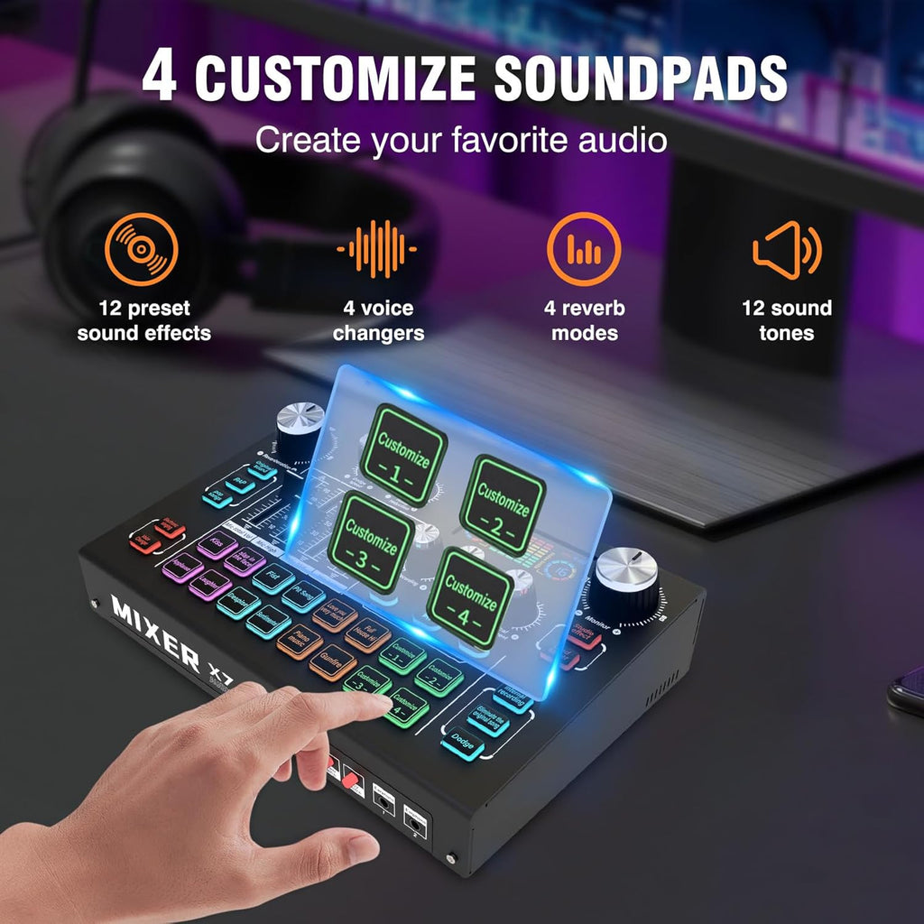 RHM Podcast Equipment Bundle with 48V Phantom Power & Condenser Microphone, 4 Customized Soundpads, 12 Preset Sound Effects, 4 Voice Changing Modes & LCD Display, for PC/Phone/Live Streaming