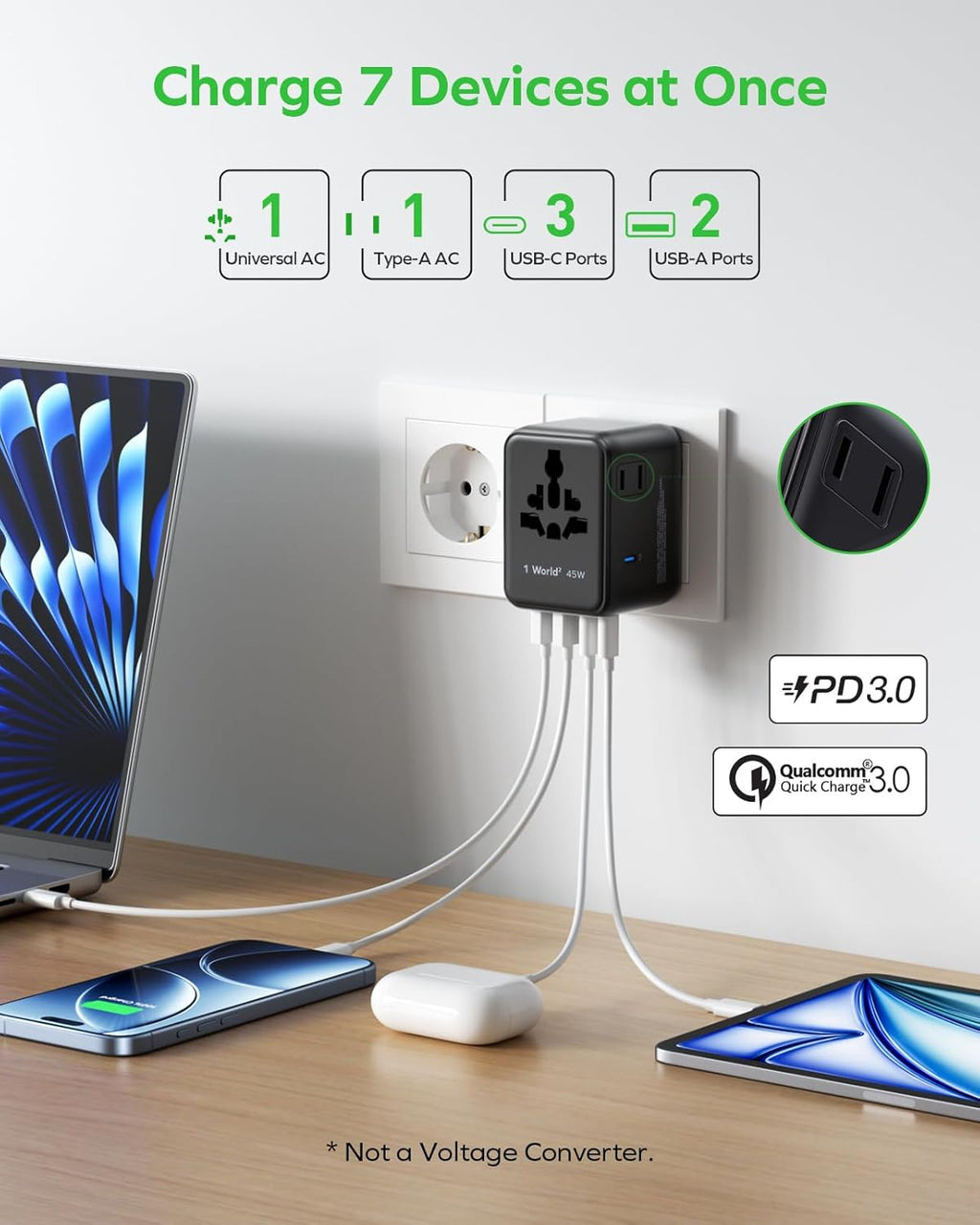 MOMAX Universal Travel Adapter, GaN PD 45W Fast International Power Adapter