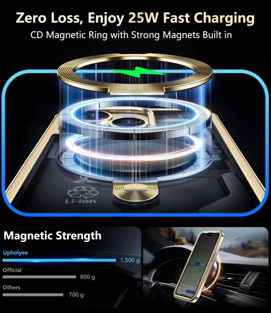 [360° Rotatable CD Stand & Built-in Privacy Screen Magnetic Case for iPhone 15 [Compatible with MagSafe & Full Signal] Mil-Grade Shockproof Full Body Anti-Spy Cover for 15-Gold