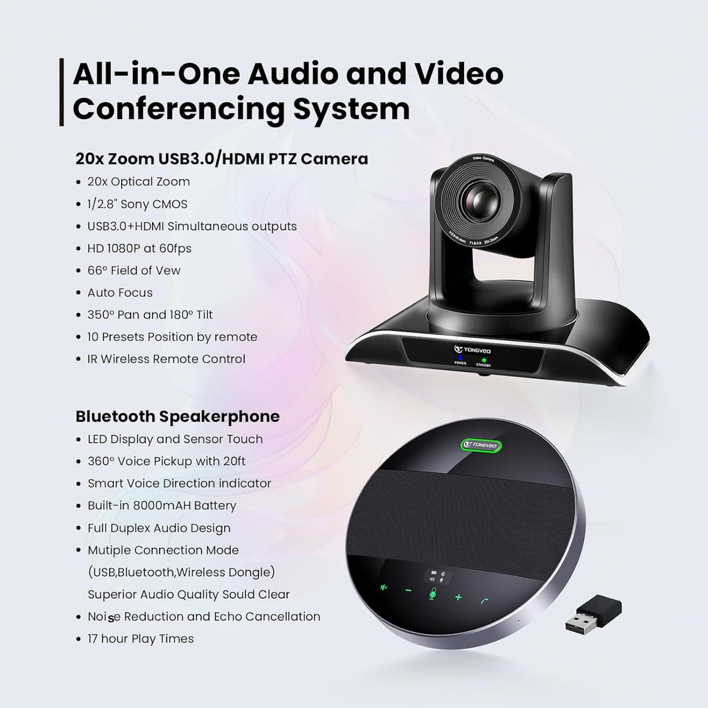 20x Zoom Conference Room Camera System TONGVEO All-in-1 Video and Audio Conferencing System 20X Optical Zoom USB3.0 HDMI PTZ Camera and Conference speaker with microphone Bundle for large Meeting Room