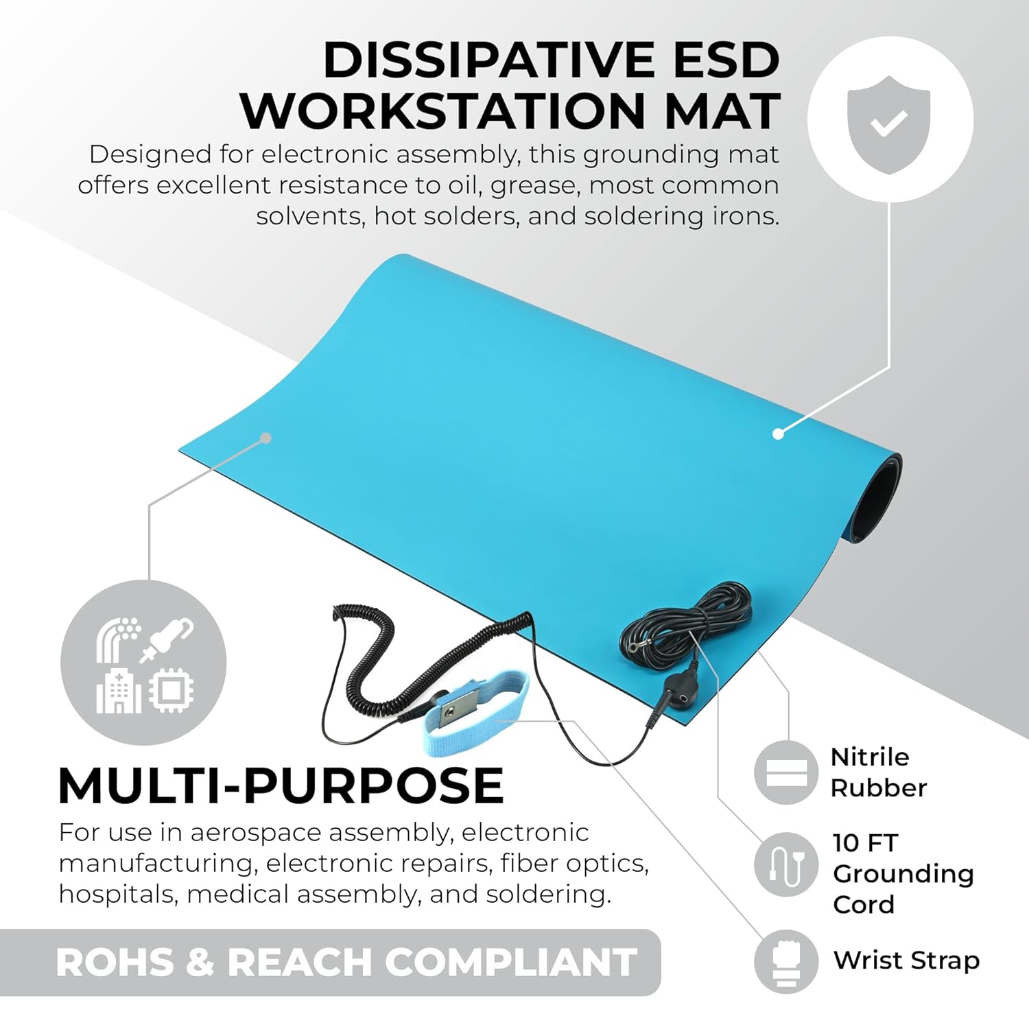 MWRF ESD Mat Kit with Wrist Strap and Grounding Cord (2.5 FT x 4 FT x 0.12 Inch, Blue) - MWRF Source