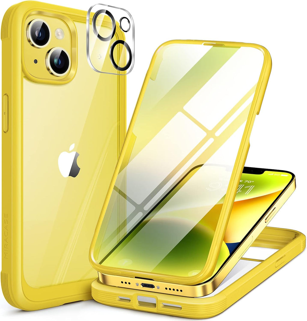 Miracase Glass Series for iPhone 14 Case 6.1 inch, [Built-in Tempered Glass Screen Protector] [Bubble Free] Full-Body Protective Bumper Phone Case with Camera Lens Protector, Lemon
