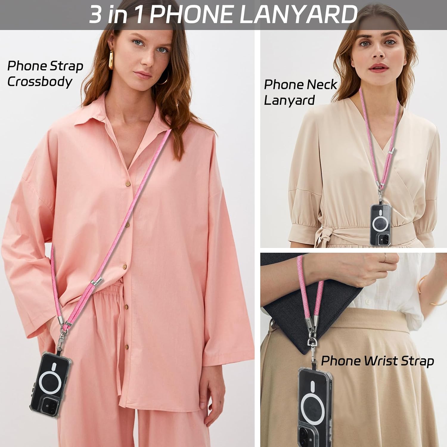 3-in-1 Adjustable Phone Lanyard Crossbody Cell Phone Neck Strap Universal Mobile Wrist Lanyard