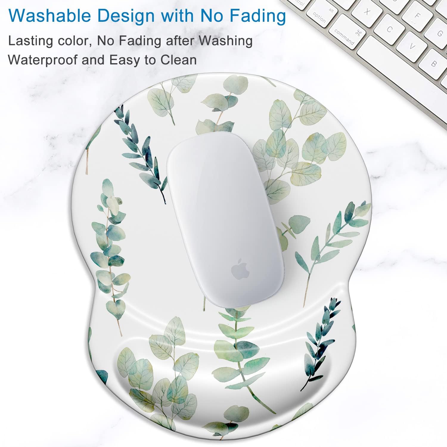 ITNRSIIET Ergonomic Mouse Pad with Gel Wrist Support Small Wrist Rest Smooth Surface Non-Slip PU Base Comfortable Office Supplies Pain Relief, 8.7 x 7.2 inches, Eucalyptus Branches