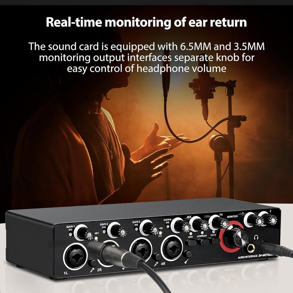 4 Channels Sound Card Computer Audio Interface, 4-in 4-out for Professional Recording of Live Streaming Karaoke, Driver Free USB Audio Interface