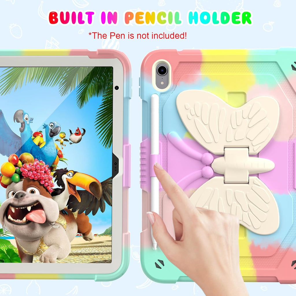 BLOSOMEET Cute Pink iPad A16 11th/10th Generation Case for Kids Girls 2025/2022 11/10.9 Inch with Tempered Glass Screen Protector & Stand, Kawaii Butterfly Cover with Pencil Holder Shoulder Strap