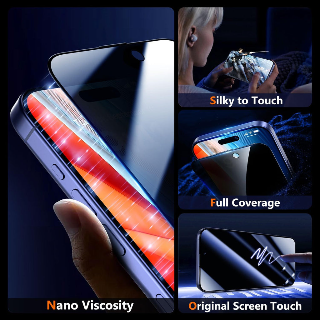 UniqueMe for iPhone 15 Plus / 16 Plus Privacy Screen Protector - [Military Grade Shatterproof & 9H+ Hardness] Tempered Glass Full Coverage Protection,Easy to install,2 Packs