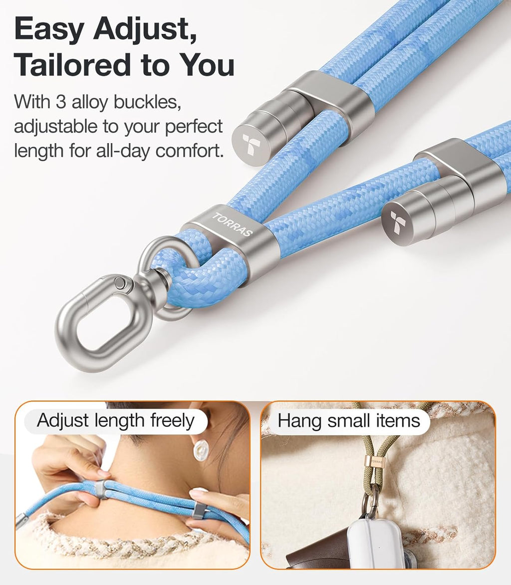 TORRAS Phone Lanyard Crossbody with 2 Phone Tabs, Adjustable Anti Theft Phone Strap for All Phones, Premium Metal Buckles, Skin-Friendly, Universal Cell Phone Neck lanyard for Women and Men, Blue