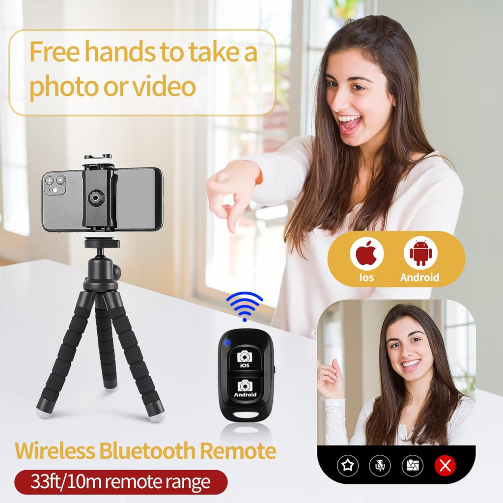Sensyne Phone Tripod, Flexible Cell Phone Tripod with Phone Holder and Wireless Remote, Mini Travel Tripod Stand, Compatible with All Cell Phones, Cameras