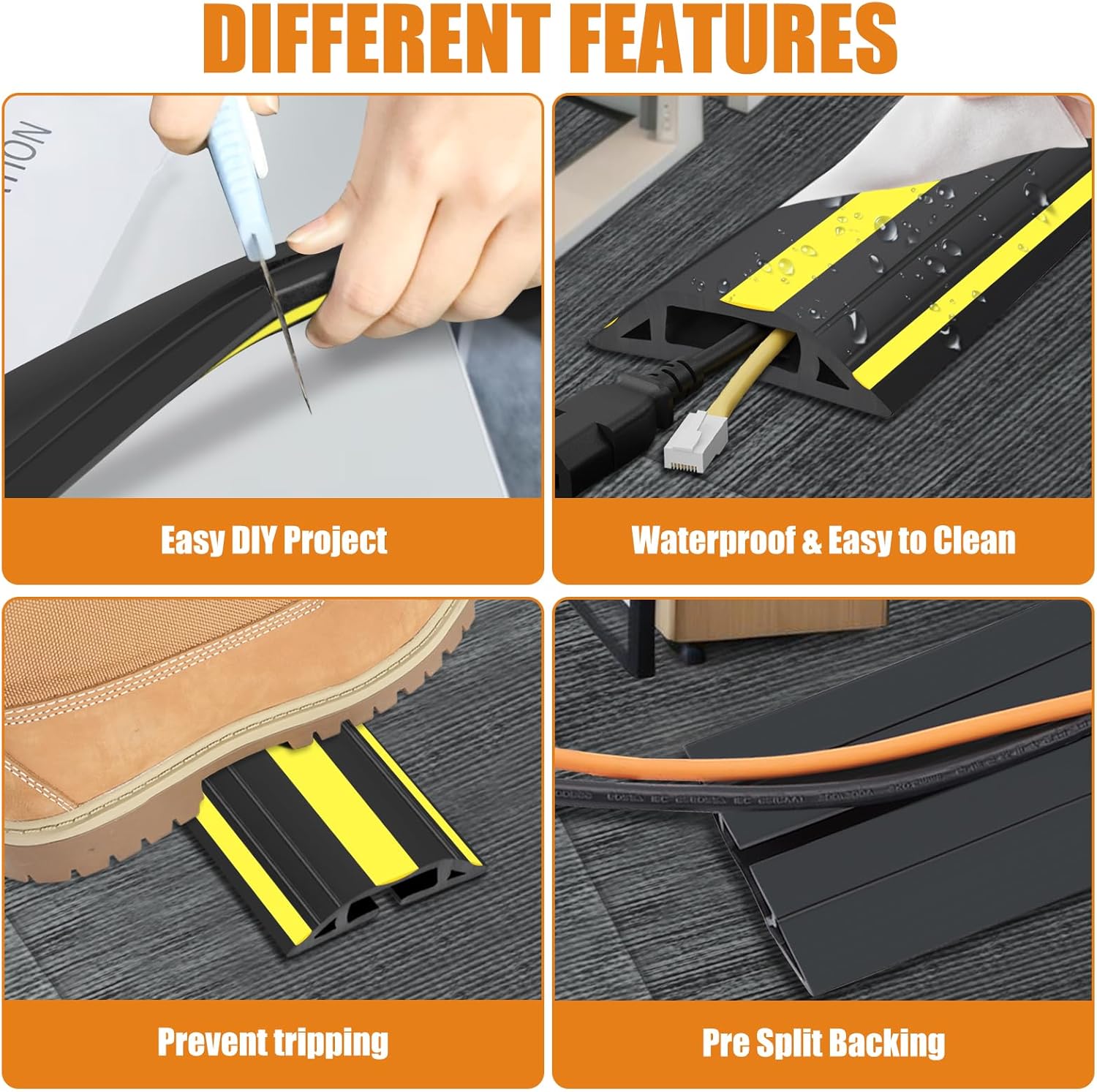 4 ft Cord Covers for Wires on Floor, Heavy Duty PVC Duct Floor Cord Cover, Floor Cable Cover Easy to Unroll Prevent Trip Hazard for Home Office or Outdoor Settings