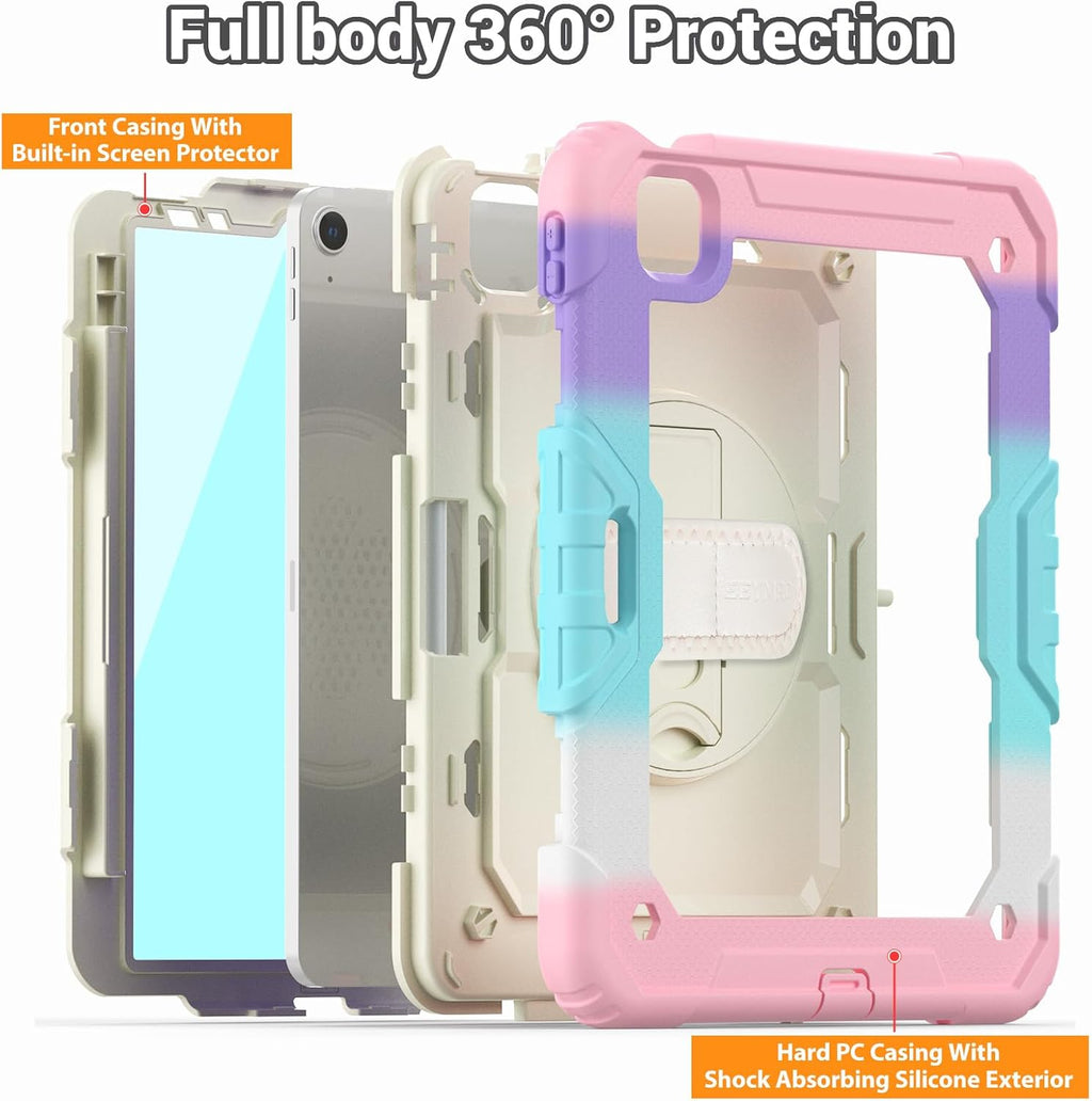 SEYMAC for iPad Air 5th/ 4th Generation Case 10.9", Full-Body Shockproof Protective Case with Screen Protector, Rotating Stand/Handle/Shoulder Strap/Pencil Holder for iPad Air 5/ Air 4, Colorful/Pink