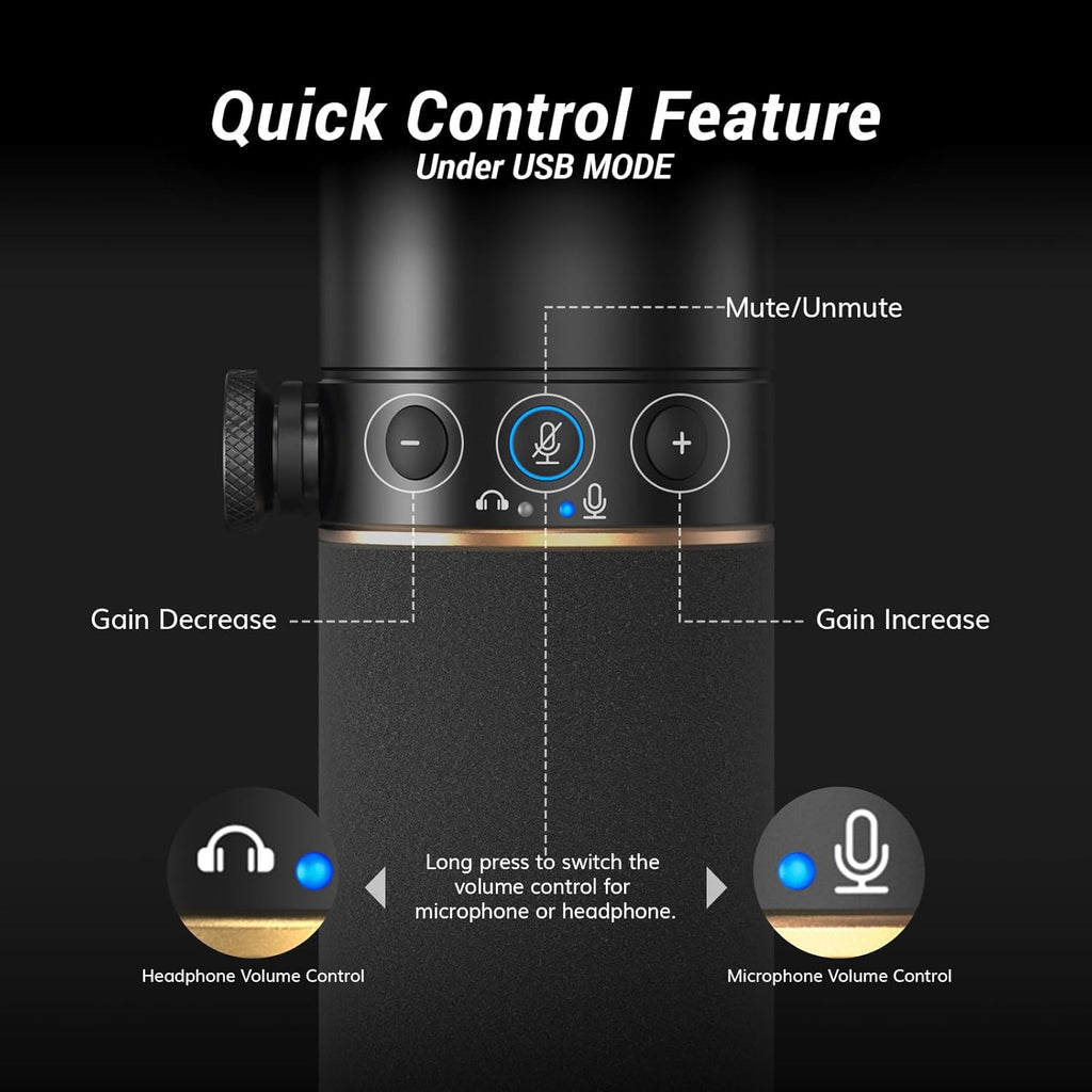 TONOR Dynamic Microphone, XLR/USB Microphone for Podcast, Recording, Streaming, Gaming, XLR Cardioid Studio Mic with Quick Mute, 3.5mm Headphone Jack, Volume Control, Mic with Boom Arm, White, TD510+