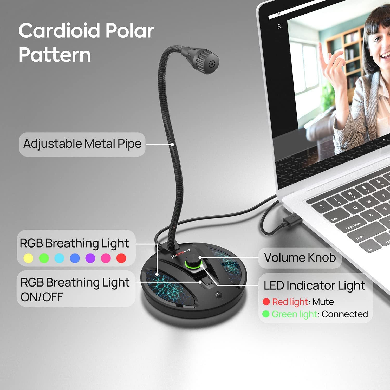 JOUNIVO USB Recording Microphone, Computer PC Podcast Condenser Cardioid Mic with Mute Button & LED Indicator for Laptop, Mac, PS4 - Vocal, Podcasting, Skype, YouTube, Streaming (JV603PRO)