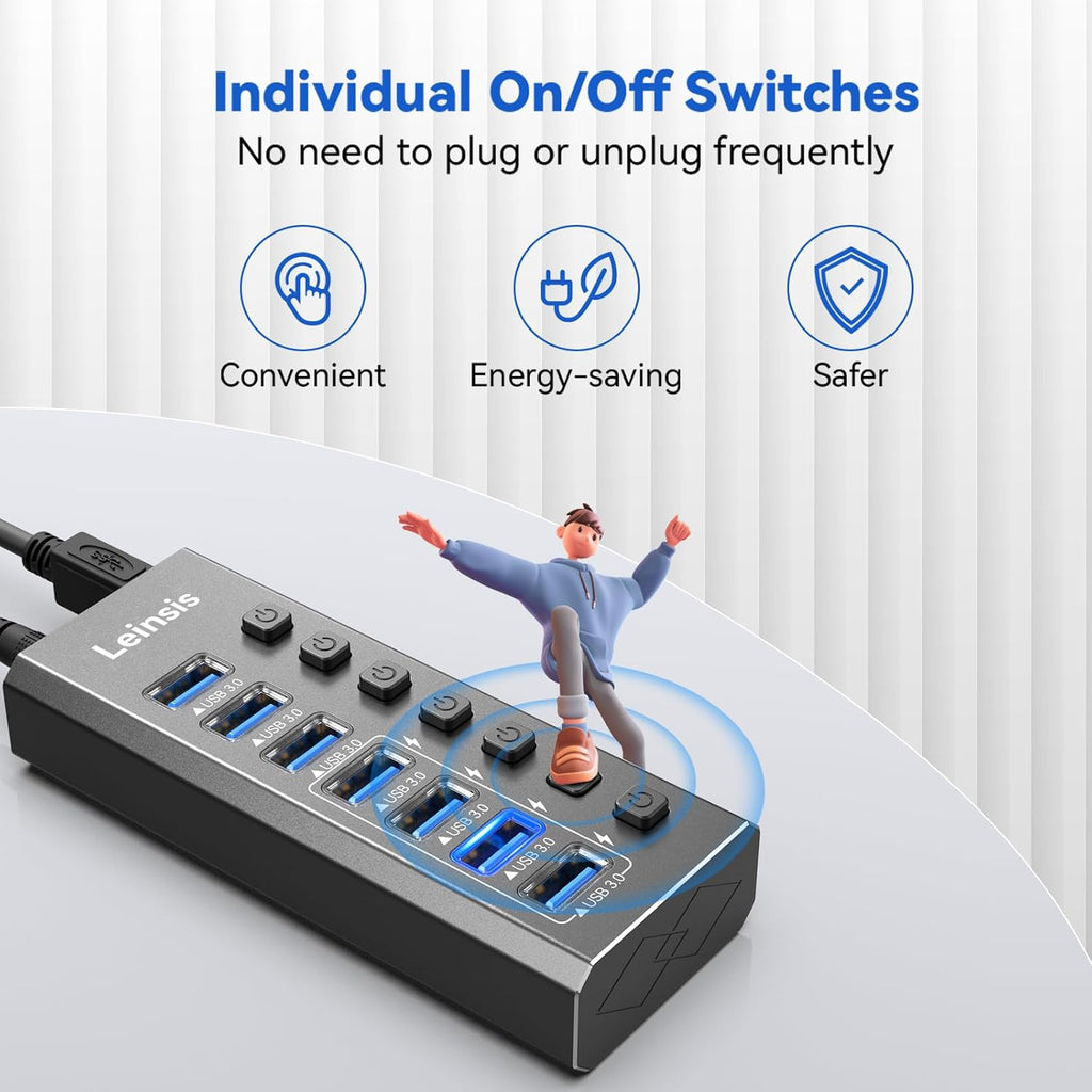 Powered USB Hub 3.0, Leinsis 7-Port USB 3.0 Hub [Durable Aluminum] 7 Data Transfer Ports+ 4 Smart Charging Ports with Individual On/Off Switches, USB Hub 3.0 Powered with Power Adapter for Laptop PC