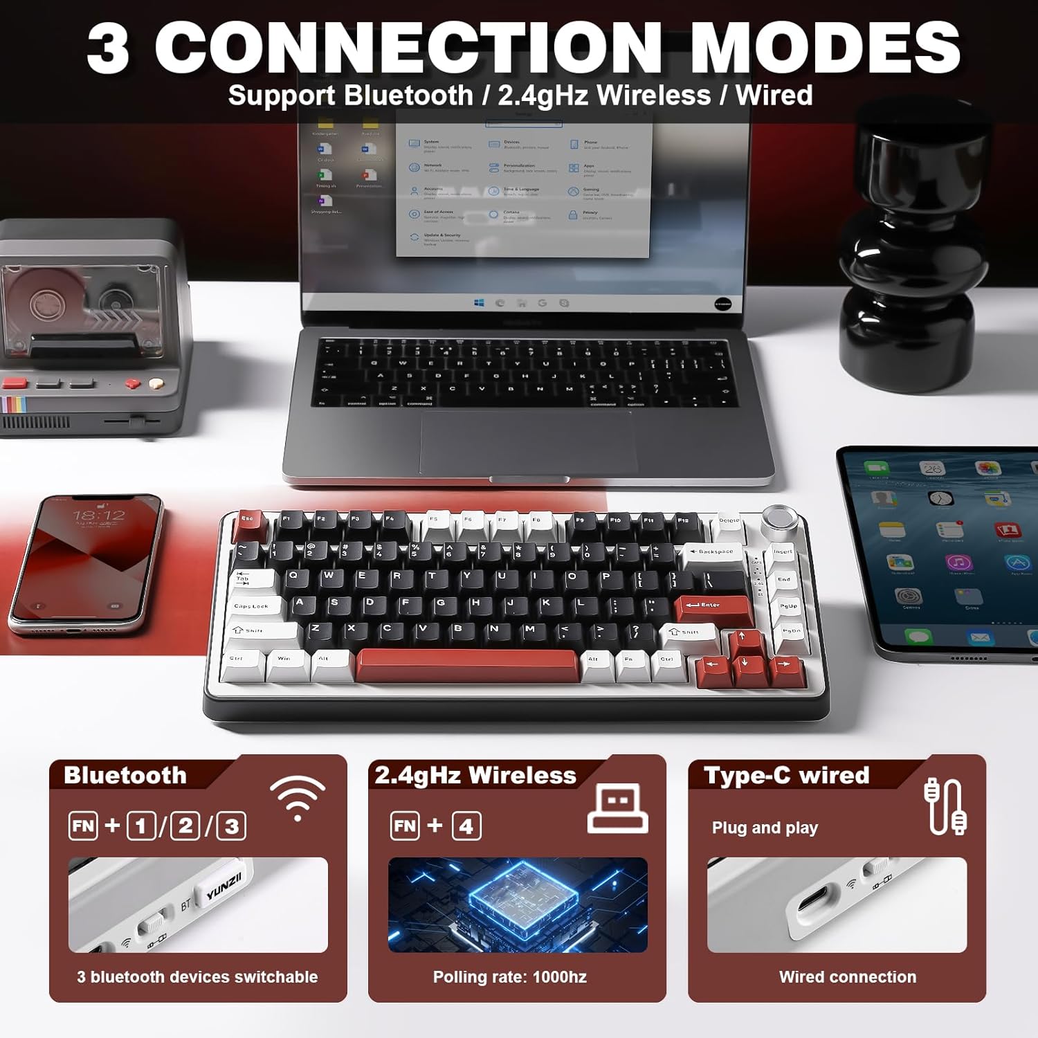YUNZII B75 PRO Wireless Mechanical Keyboard,75% Layout with Knob,Hot Swap Gasket Custom Structure,Creamy Pre-lubed Switches,RGB Backlit,Bluetooth/Type-C/2.4G for Win/Mac(Blue Grey Switch,Black)