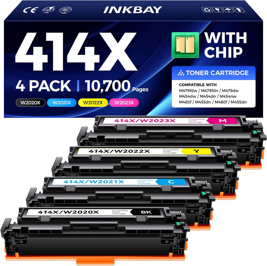 414X Toner Cartridges Set 4-Pack High Yield with Chip Replacement for HP 414X 414A Toner Compatible with HP Color Laserjet M455dn MFP M480f M454dn M454dw MFP M479fdn M479fdw Printer