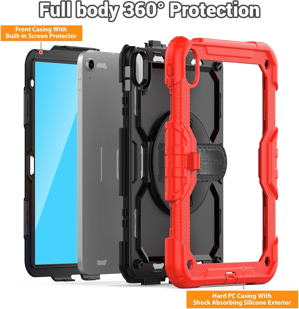 SEYMAC for iPad (A16) 11th/10th Generation Case 2025/2022 (11″/10.9″), Sturdy Heavy Duty Full-Body Shockproof Protective Case with Screen Protector, Rotating Stand, Hand/Shoulder Strap, Black/Red