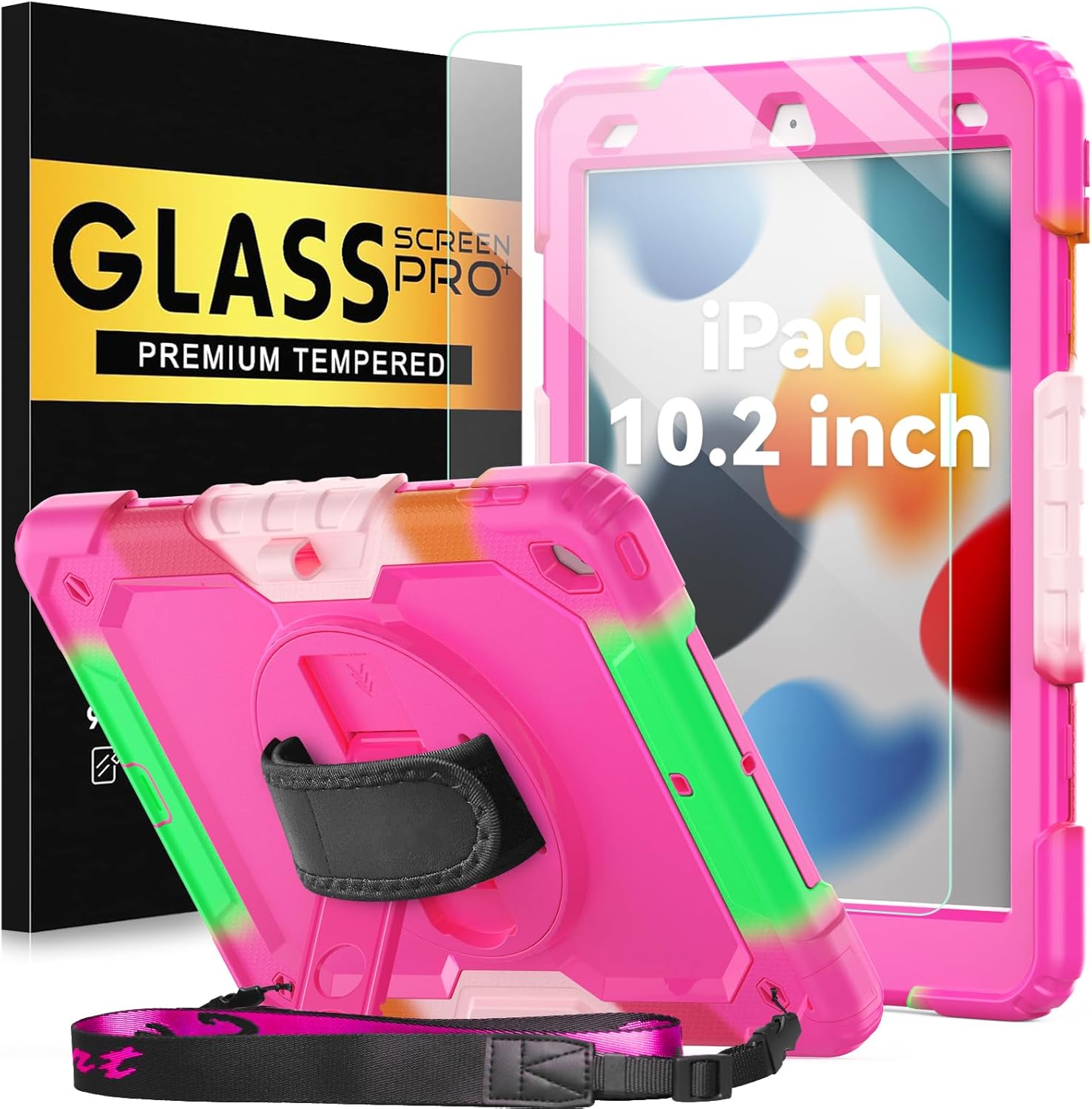 BLOSOMEET Case for iPad 9th/8th/7th Generation 2021/2020/2019 10.2 Inch for Kids Girls with Tempered Glass Screen Protector & Pen Holder| iPad 10.2 Case Cover w/Stand Hand Shoulder Strap |Rose