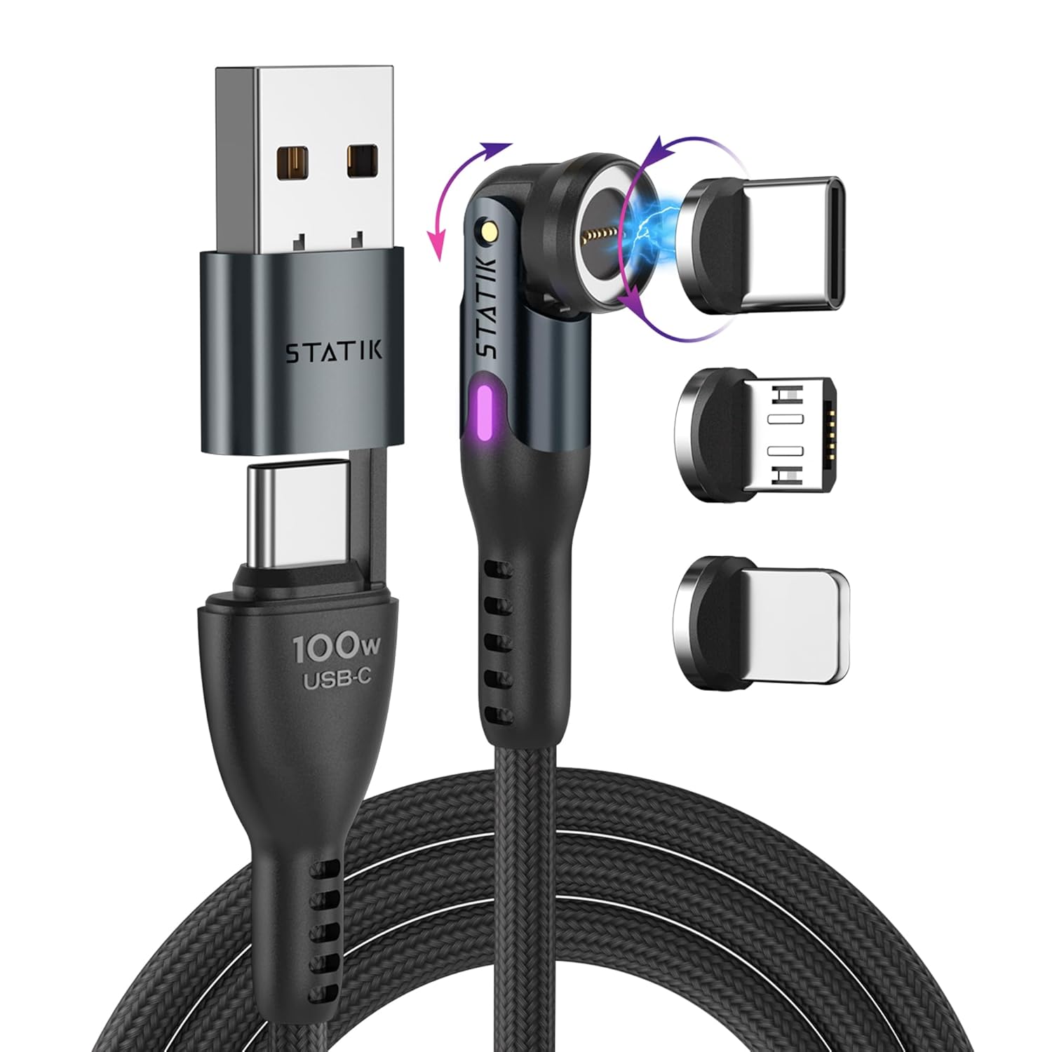Statik 360 Pro Magnetic Charging Cable - Type C Charger Fast Charging 3 in 1 USB C to USB C Cable, Micro USB & iProduct Tips, USB A Adapter, Fits All Devices - 100W Fast Charger, Black 10FT, 3 Pack