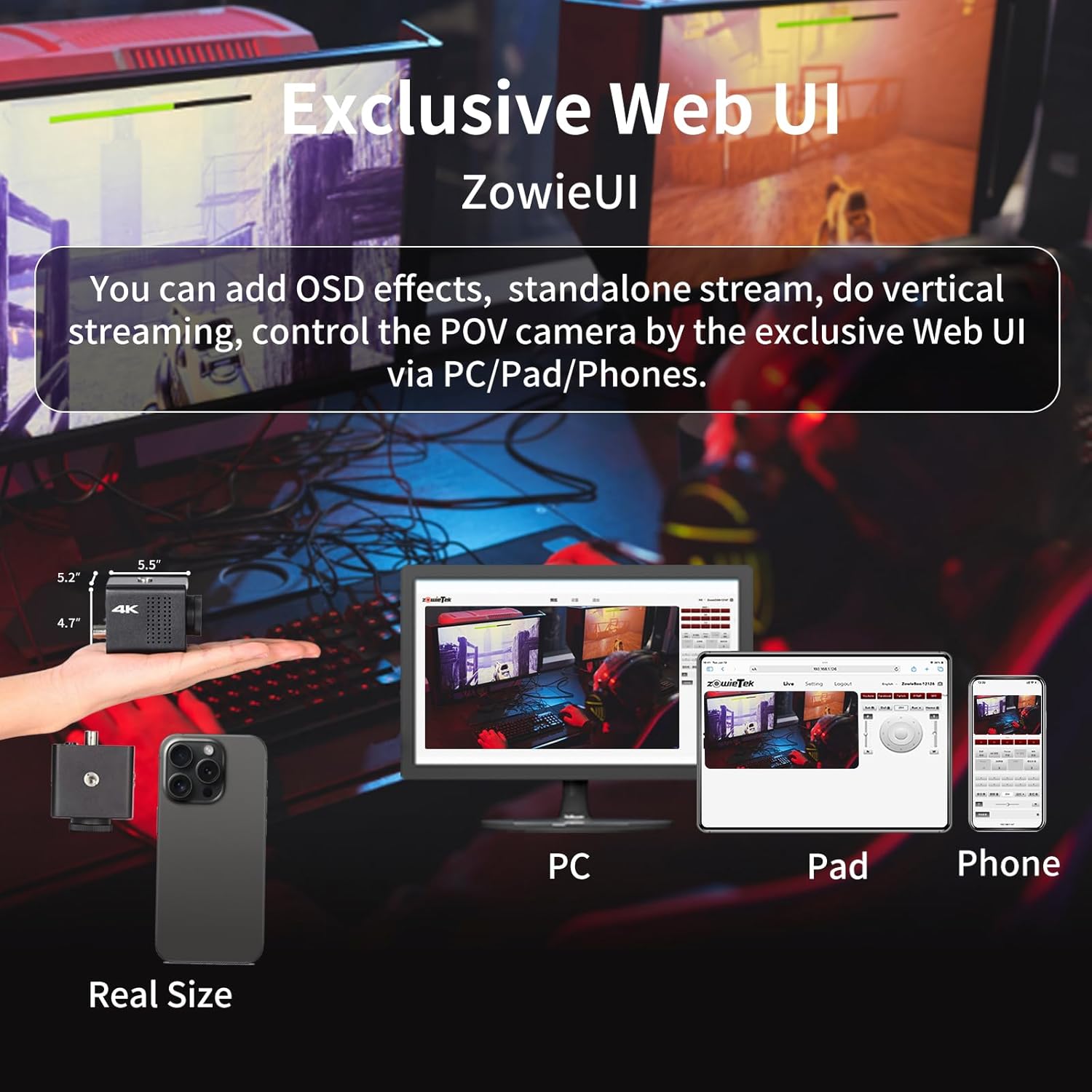 4K POV Camera Webcam PoE, ZowieCAM, Simultaneously HDMI & SDI Output, RTSP/RTMP(s)/SRT, Standalone Live Streaming to YouTube/Twitch for Webcast, Meeting, Teaching & Gaming (M12)