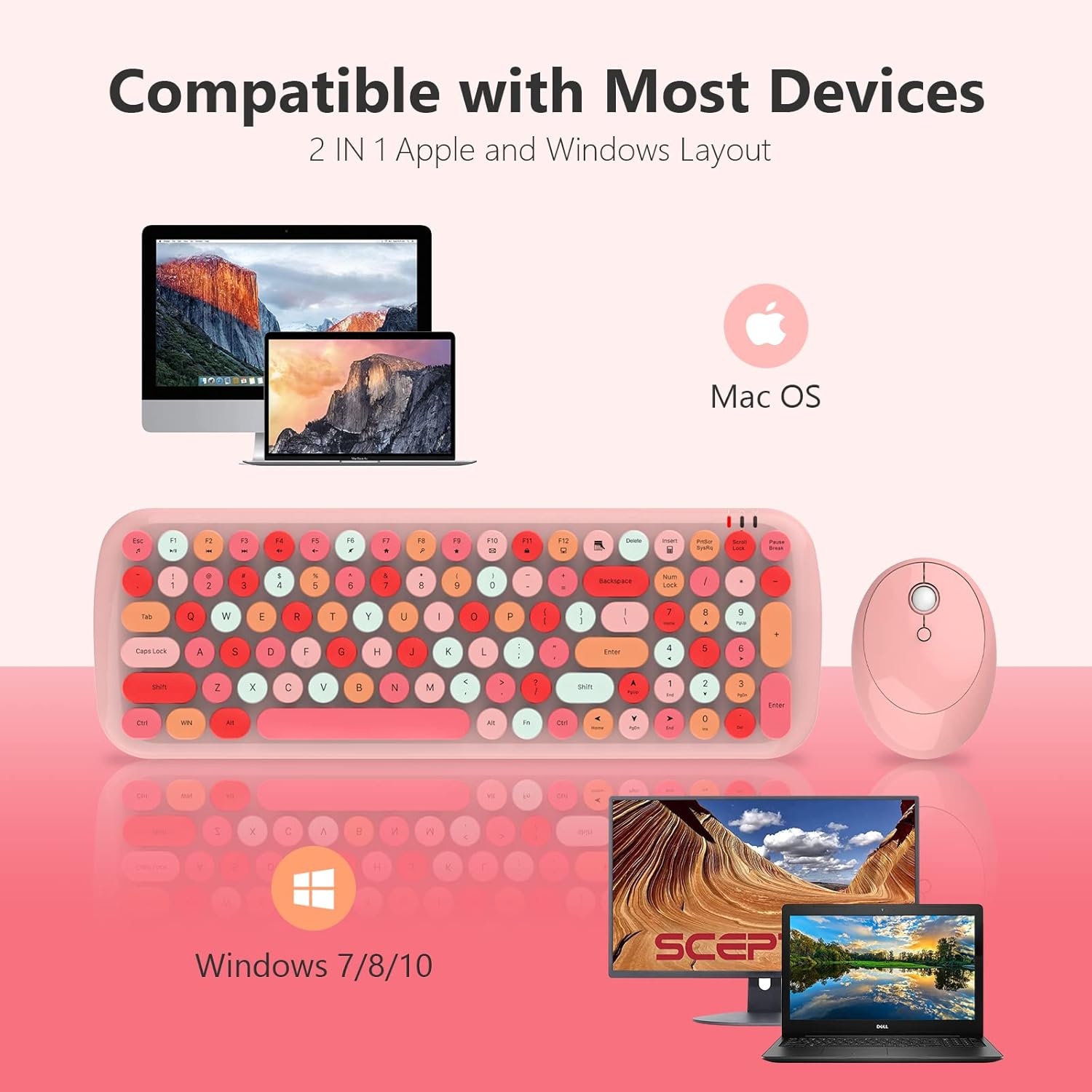 KNOWSQT Wireless Keyboard and Mouse Combo, Light Pink 100 Keys 2.4 GHz Round Keycap Typewriter Keyboards, USB Receiver Plug and Play, for Windows, PC, Laptop, Computer, Desktop