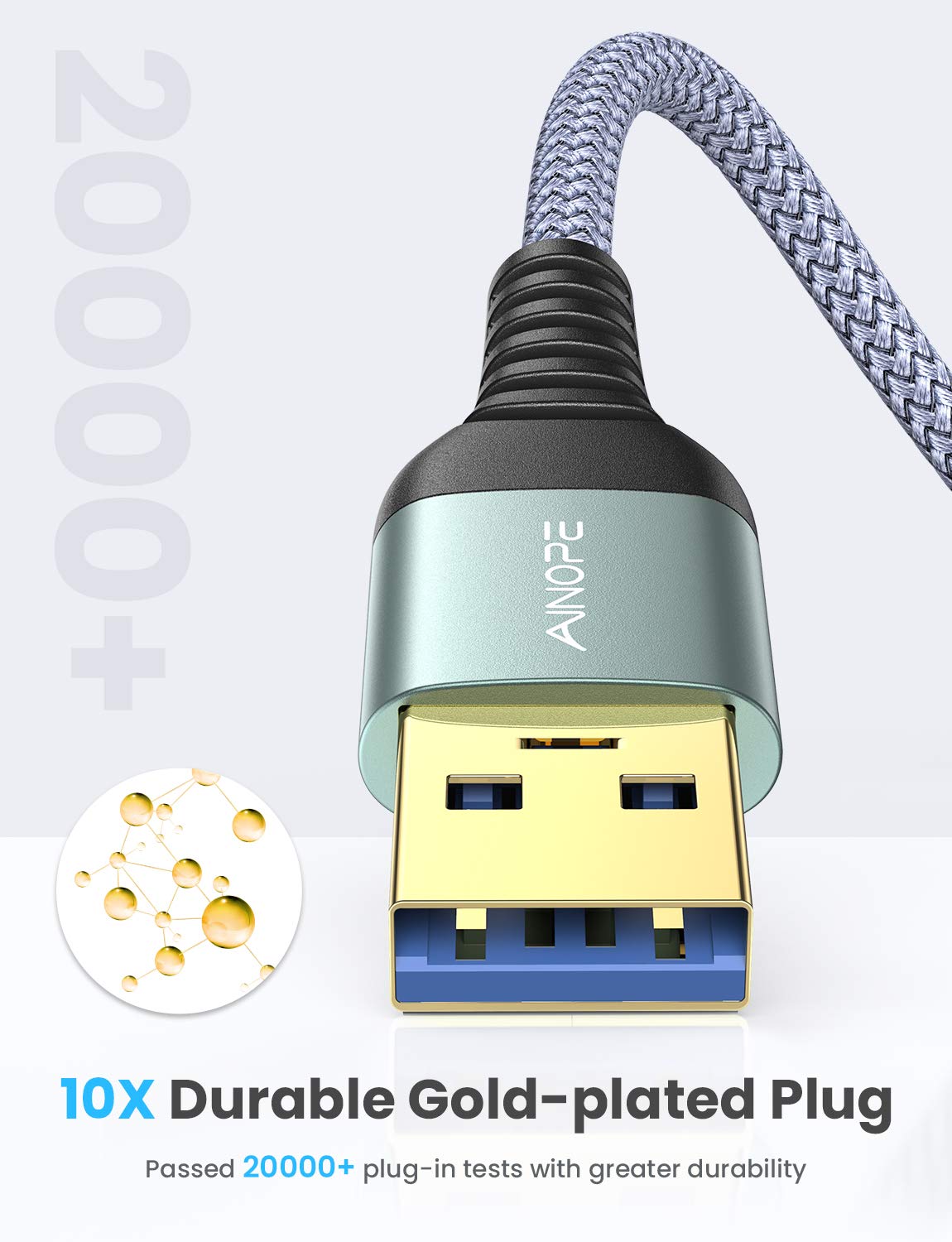 AINOPE 2 Pack USB Extensions Cable High Speed USB 3.0 Extension Cord Type A Male to Female Sturdy Braided Material Fast Data Transfer Compatible with USB Keyboard,Mouse,Flash Drive,Grey,3.3FT+6.6FT