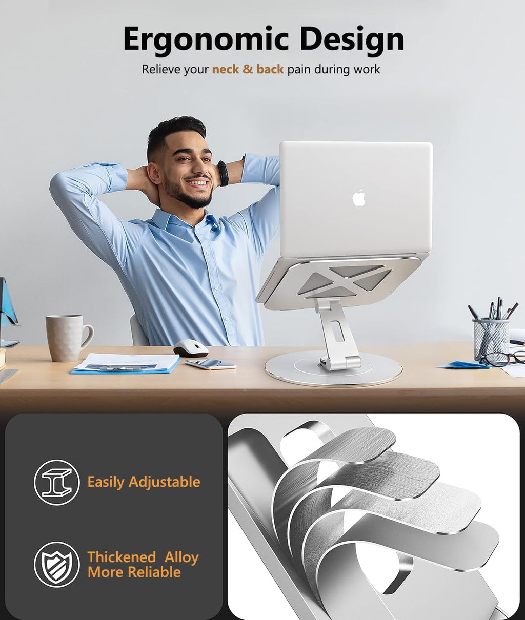 Ultra-Stable Swivel Laptop Stand for Desk with 360 Rotating Larger Base, Military-Grade Aluminum, Anti-Loosening Structure, Height Adjustable Laptop Stand, Suitable for 10"-17.3",Ocean-Grey