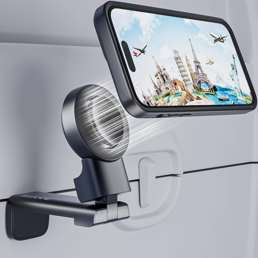 MiiKARE Travel Essentials Magnetic Airplane Phone Holder, Universal Handsfree Phone Mount for Flying with 360 Degree Rotation, Travel Must Haves Phone Stand for Desk, Tray Table, Black
