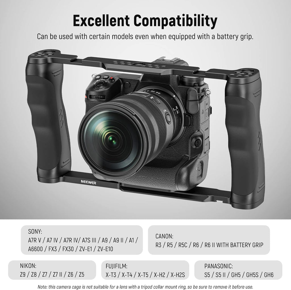 NEEWER Video Camera Cage Rig with Arca Type Base/Dual Grips/Expansion Holes/15mm Rods, Universal Stabilizer Compatible with Sony Canon Nikon DSLR/DSLM, Compatible with SmallRig Accessories, CA016