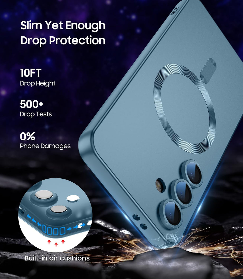 Magnetic for Samsung Galaxy S25 Case [Compatible with MagSafe][Built-in Camera Lens Protector] Slim Soft Silicone Bumper Shockproof Metallic Luster Phone Shell (Green)
