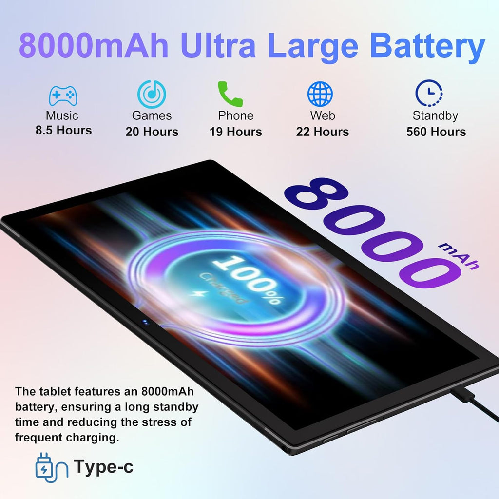 Android Tablet with Keyboard, 10 inch Android 14 Tablets 22GB+128GB, Octa-Core CPU, 8000mAh, HD IPS Display, 5G WiFi, BT 5.0, GPS, Widevine L1, 1TB Expandable, Mouse, Split Screen, Metal Body -Black