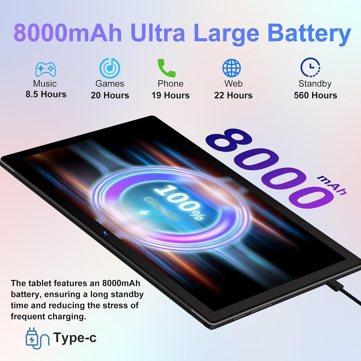 Android Tablet with Keyboard, 10 inch Android 14 Tablets 22GB+128GB, Octa-Core CPU, 8000mAh, HD IPS Display, 5G WiFi, BT 5.0, GPS, Widevine L1, 1TB Expandable, Mouse, Split Screen, Metal Body -Black