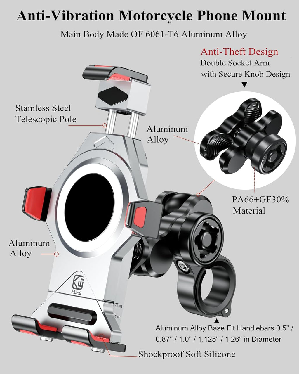 BRCOVAN Motorcycle Phone Mount with Vibration Dampener & Secure Lock, Solid Aluminum Alloy, Anti-Theft Handlebar Cellphone Holder, Adjustable for Motorcycle Bike Scooter ATV, Fit 4.7-7.2'' Smartphone